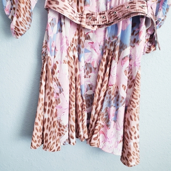 Venus Pink And Blue Floral Leopard Print Long Sleeve Belted Dress - Picture 4 of 10